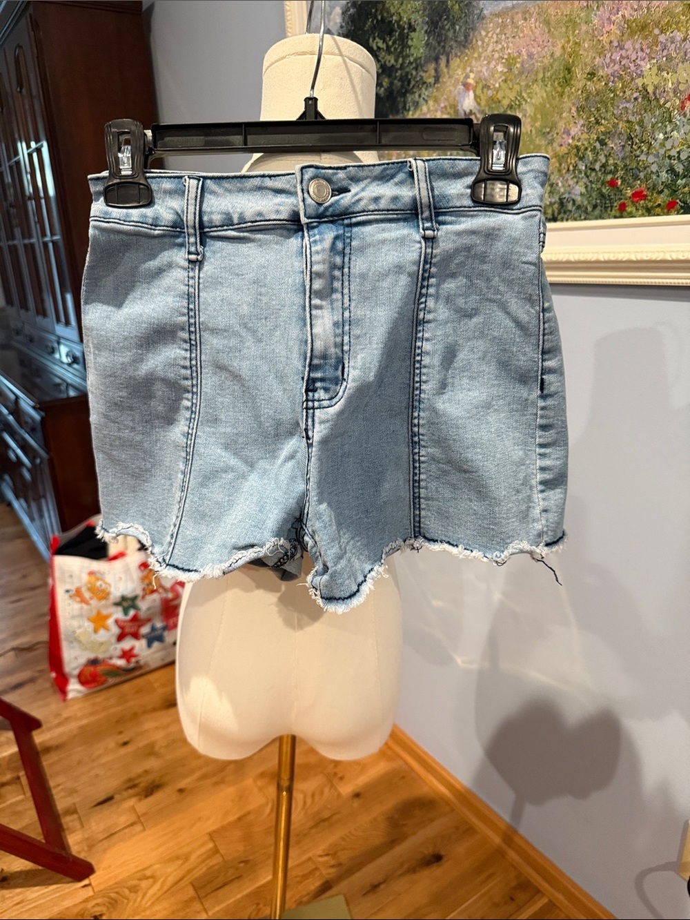 High-Rise Light Blue Denim Frayed Hem Women's Shorts